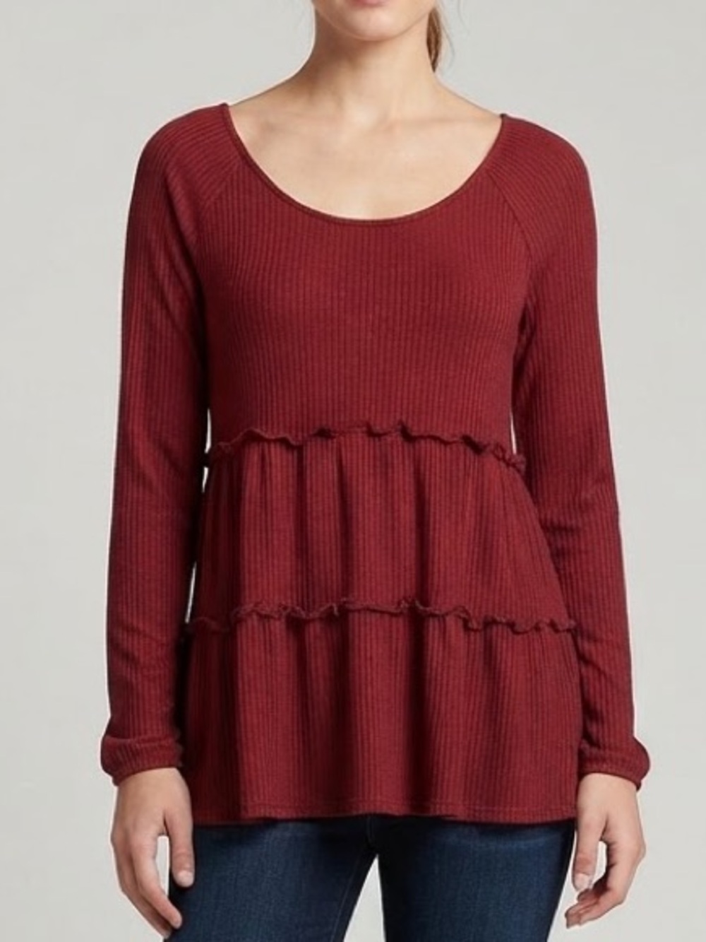 LC Lauren Conrad Burgundy Tiered Ruffle Long-Sleeve Top